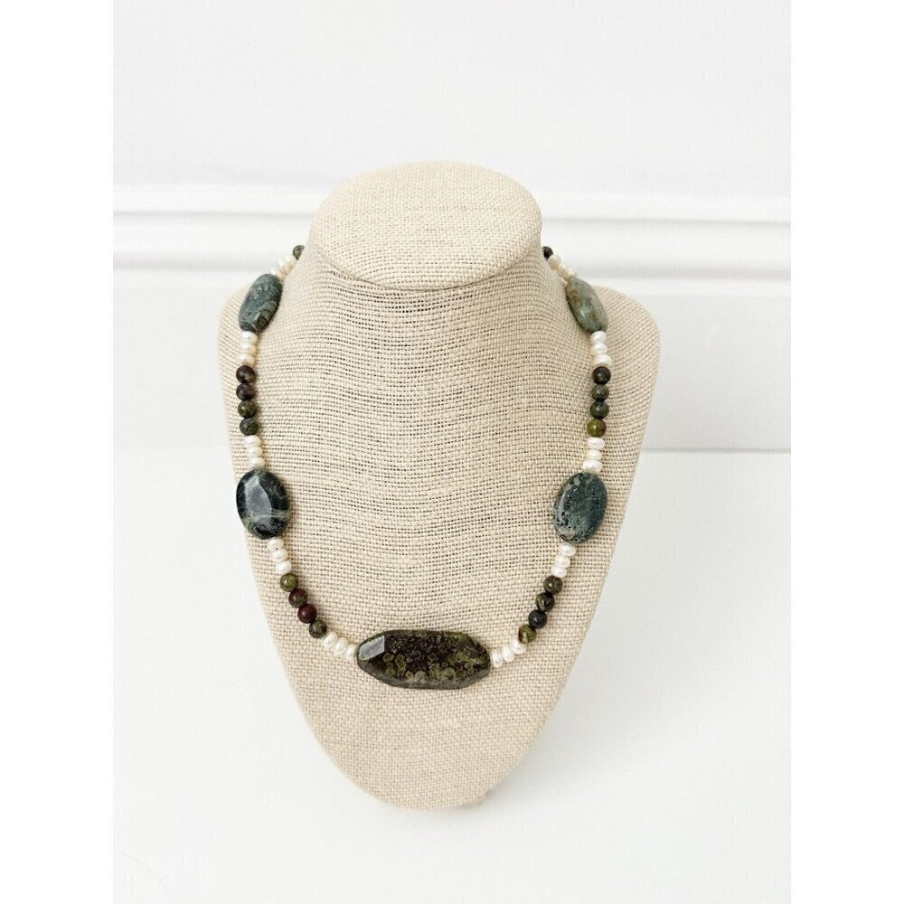 NWT Genuine Jasper & Pearls Necklace Beaded Gray White